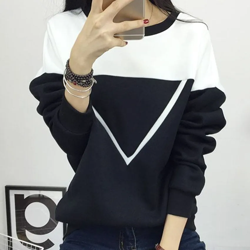 2018 Winter New Fashion Black and White Spell Color Patchwork Hoodies Women V Pattern Pullover Sweatshirt Female Tracksuit M-XXL