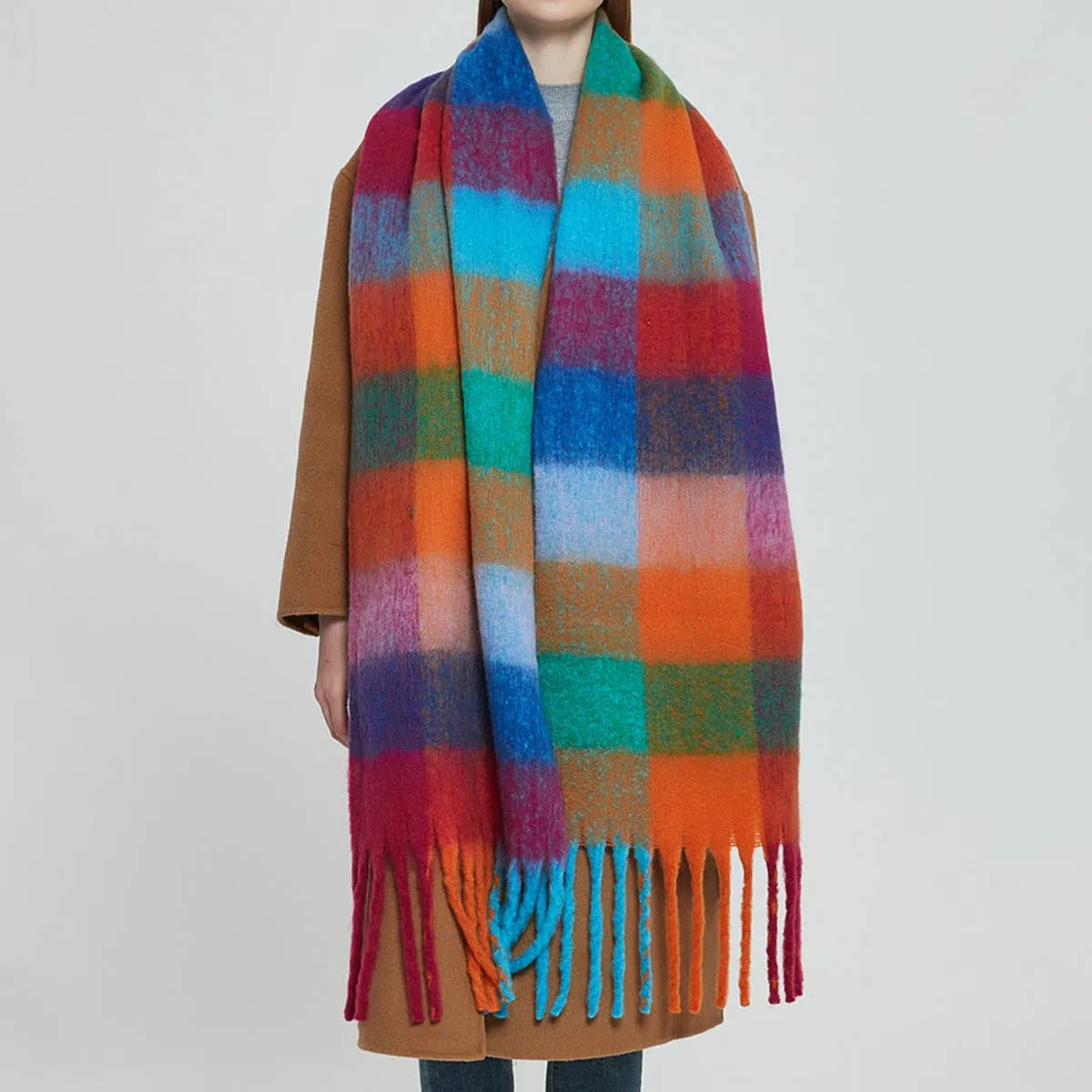 Accity | PLAID PATTERN FRINGE TRIM WINTER SCARF: GREY