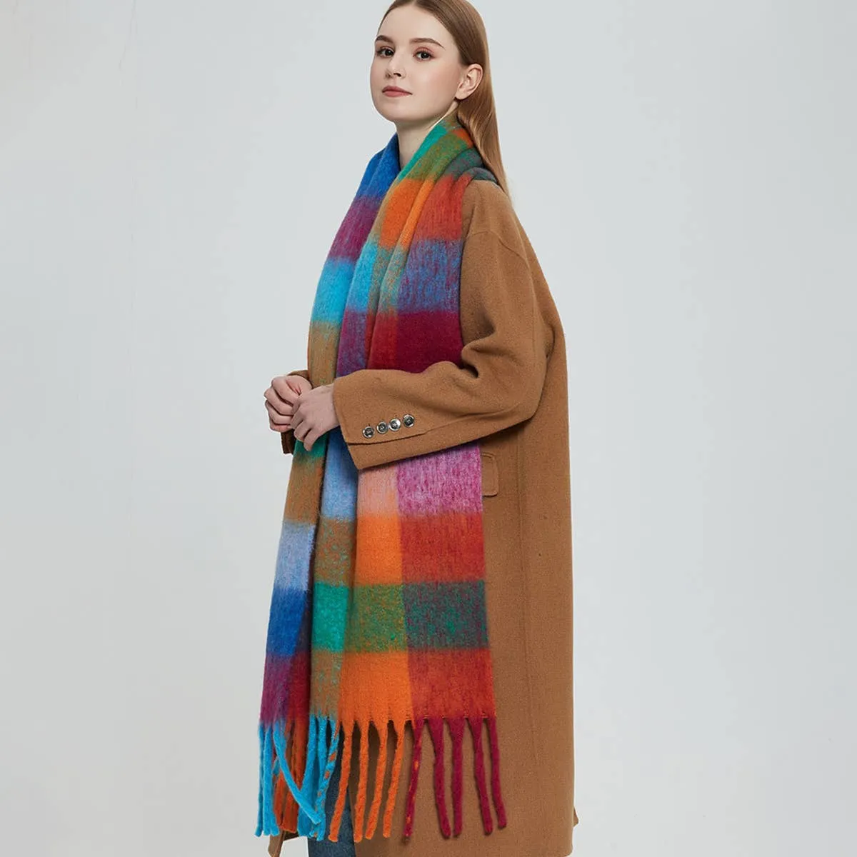 Accity | PLAID PATTERN FRINGE TRIM WINTER SCARF: GREY