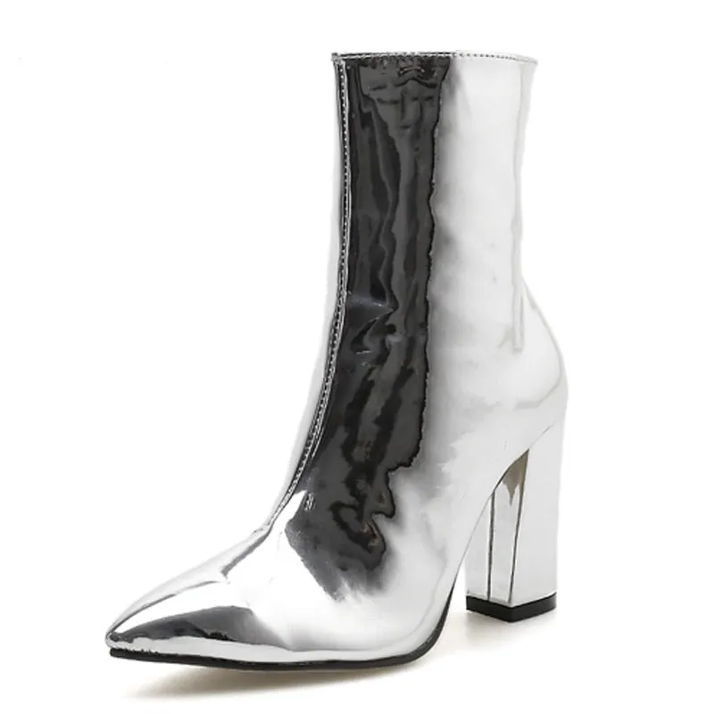 Amozae- 2024 Fashion Gold Silver Patent Leather Women Ankle Boots Pointed Toe Square Heel Boots Stiletto Women Pumps Chelsea Boots