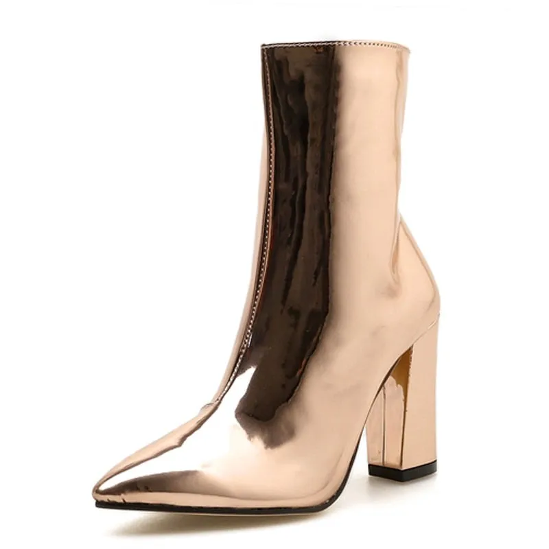 Amozae- 2024 Fashion Gold Silver Patent Leather Women Ankle Boots Pointed Toe Square Heel Boots Stiletto Women Pumps Chelsea Boots