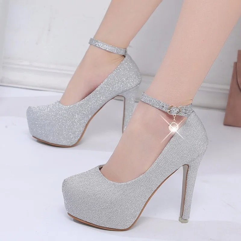 Amozae- 2024 Fashion Wedding Shoes Women High Heels Bride Shoes Platform Fashion Pumps Super High Heel 12cm Black Silver