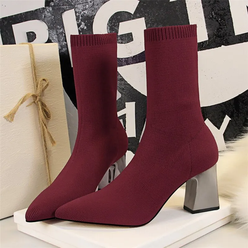 Amozae-2024 Fashion Women Knitting Stretch Boots 7cm High Heels Shoes Block Low Heels Pointed Toe Prom   Burgundy White Ankle Boots