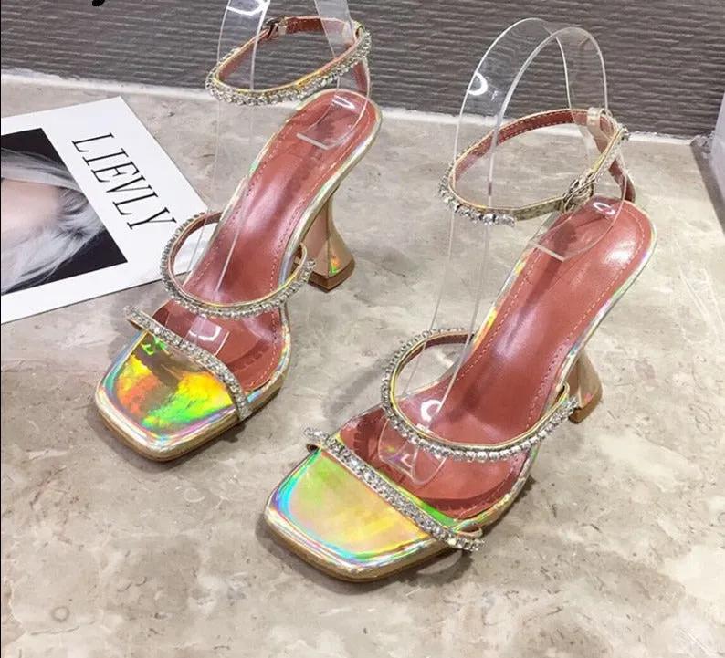 Amozae- 2024  New Design Square Toe Sandals Fashion Crystal Diamond PU Leather Ankle Buckle Strap Strange Heels Shoes Woman Summer