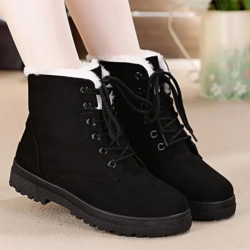 Amozae-Back to College Snow boots 2024 warm fur plush Insole women winter boots square heels flock ankle boots women shoes lace-up winter shoes woman