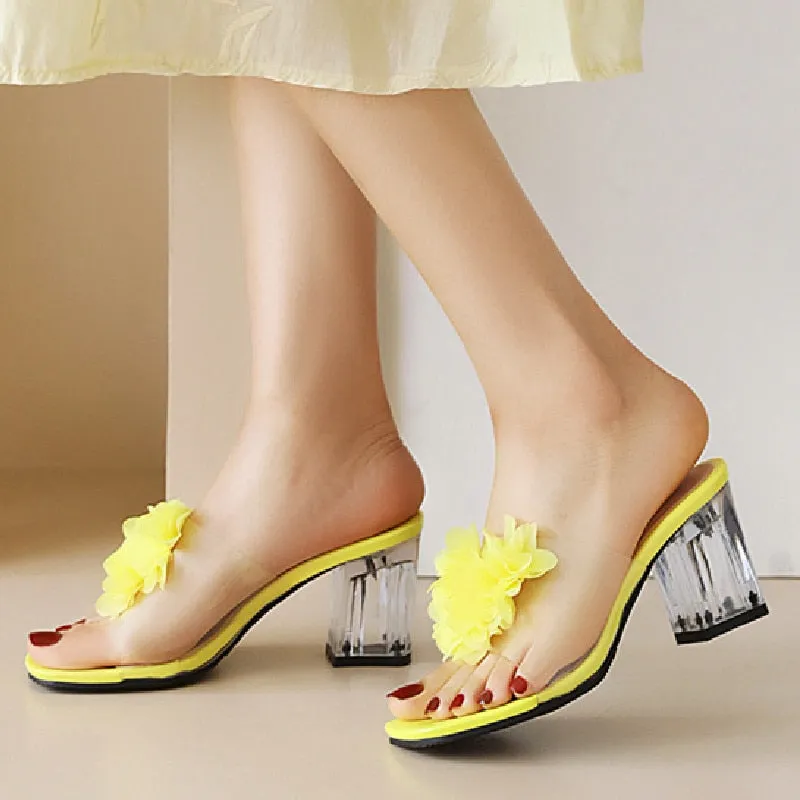 Amozae Clear Heels Women's Slippers Sweet Bowtied Summer Shoes PVC Transparent Sandals Women Casual Yellow White Party Shoes Large Size