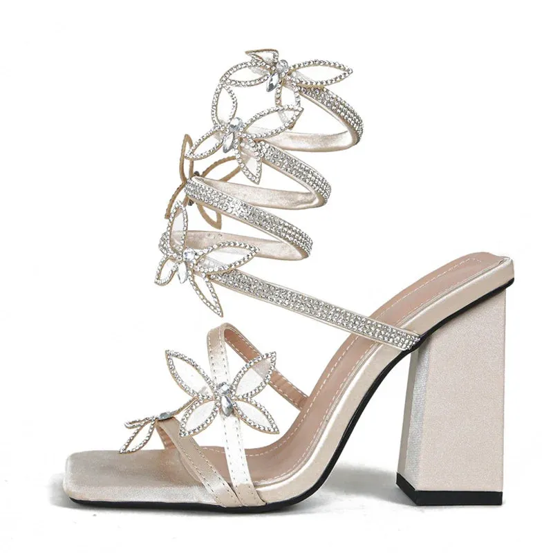 Amozae- Fashion Design Crystal Butterfly Snake Coiled Women Sandals Sexy Square Toe Chunky Thick Heels Summer Party Prom Shoes