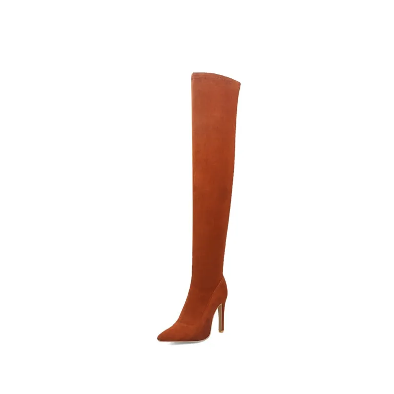 Amozae Faux Suede Stretch Thigh High Boots   Elastic Slim Over the Knee Boots Women's Fashion High Heels Black Red Fetish Long Shoes