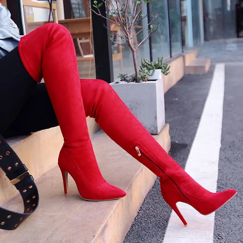 Amozae Faux Suede Stretch Thigh High Boots   Elastic Slim Over the Knee Boots Women's Fashion High Heels Black Red Fetish Long Shoes