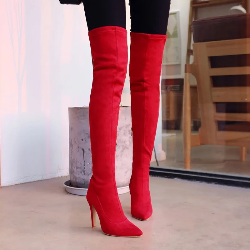 Amozae Faux Suede Stretch Thigh High Boots   Elastic Slim Over the Knee Boots Women's Fashion High Heels Black Red Fetish Long Shoes