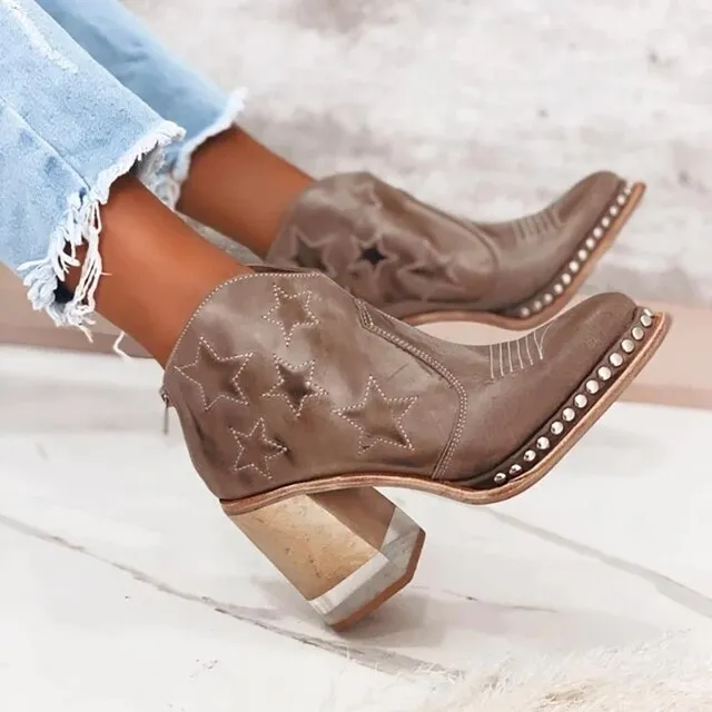 Amozae-   Leather Women Ankle Boots Women's Shoes Low Heel Cool British Embroidered Design Soft Short Boots Party Women Footwear