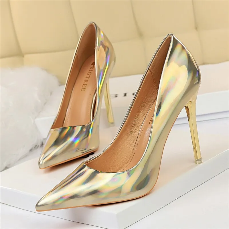 Amozae   Pumps Women Shoes High Heels 10.5cm Blue Green Patent Leather Stiletto Ladies Fetish Wedding Bridal Shoes Plus Size