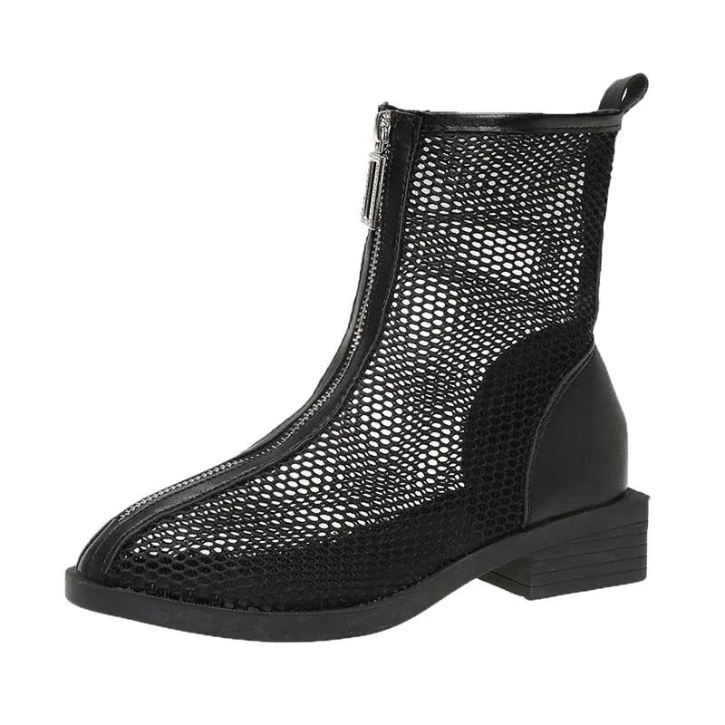 Amozae-  Women 2024 Summer Thin Section Breathable Thick Heel Boot Mesh Hollow Chelsea Short Boot Female High Top Sandal Sandalias