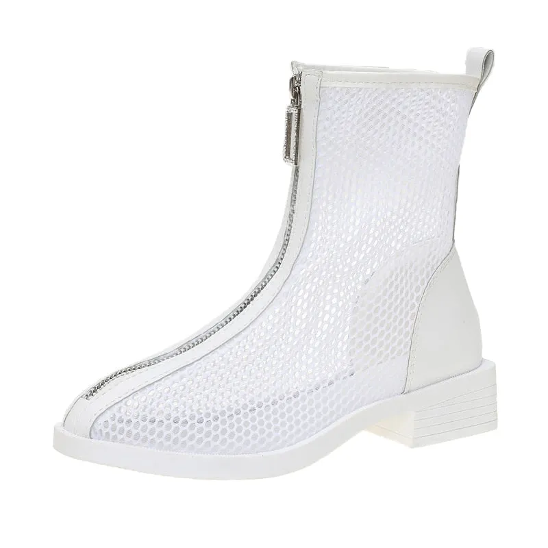 Amozae-  Women 2024 Summer Thin Section Breathable Thick Heel Boot Mesh Hollow Chelsea Short Boot Female High Top Sandal Sandalias