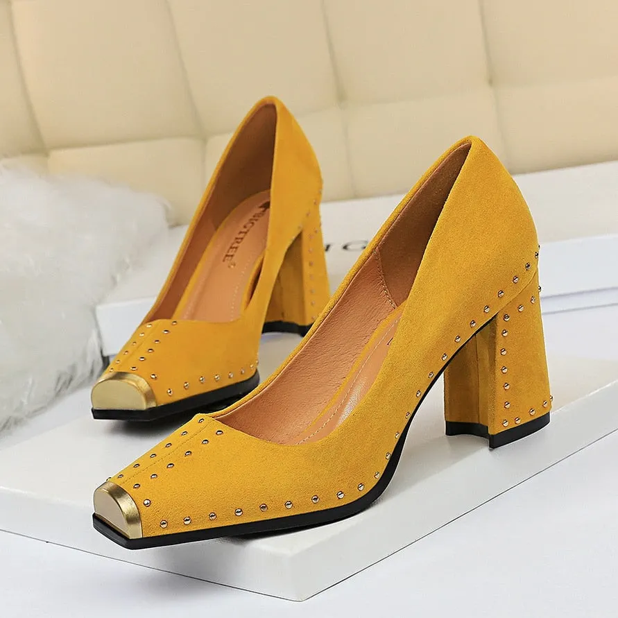 Amozae- Women 7.5cm High Heels Lady Escarpins Chunky Rivets Lady Block Block Low Heels Square Toe Office Blue Yellow Studded Shoes