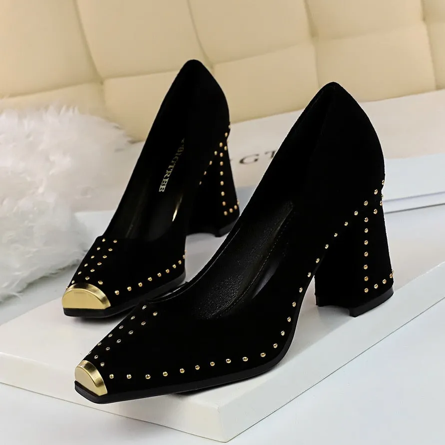 Amozae- Women 7.5cm High Heels Lady Escarpins Chunky Rivets Lady Block Block Low Heels Square Toe Office Blue Yellow Studded Shoes