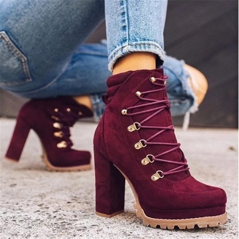 Amozae- Women Plus Size High Heels Ankle Boots Cross Straps Waterproof Platform Fashion Women High Heels Casual Solid Ankle Boots