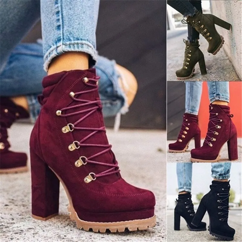 Amozae- Women Plus Size High Heels Ankle Boots Cross Straps Waterproof Platform Fashion Women High Heels Casual Solid Ankle Boots