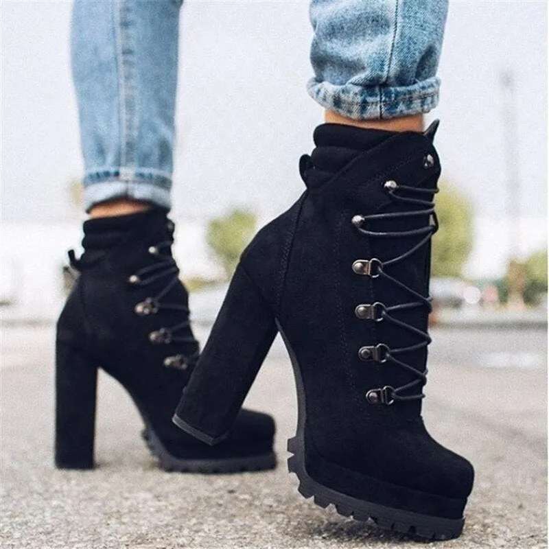 Amozae- Women Plus Size High Heels Ankle Boots Cross Straps Waterproof Platform Fashion Women High Heels Casual Solid Ankle Boots