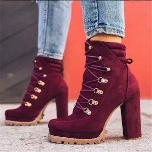 Amozae- Women Plus Size High Heels Ankle Boots Cross Straps Waterproof Platform Fashion Women High Heels Casual Solid Ankle Boots