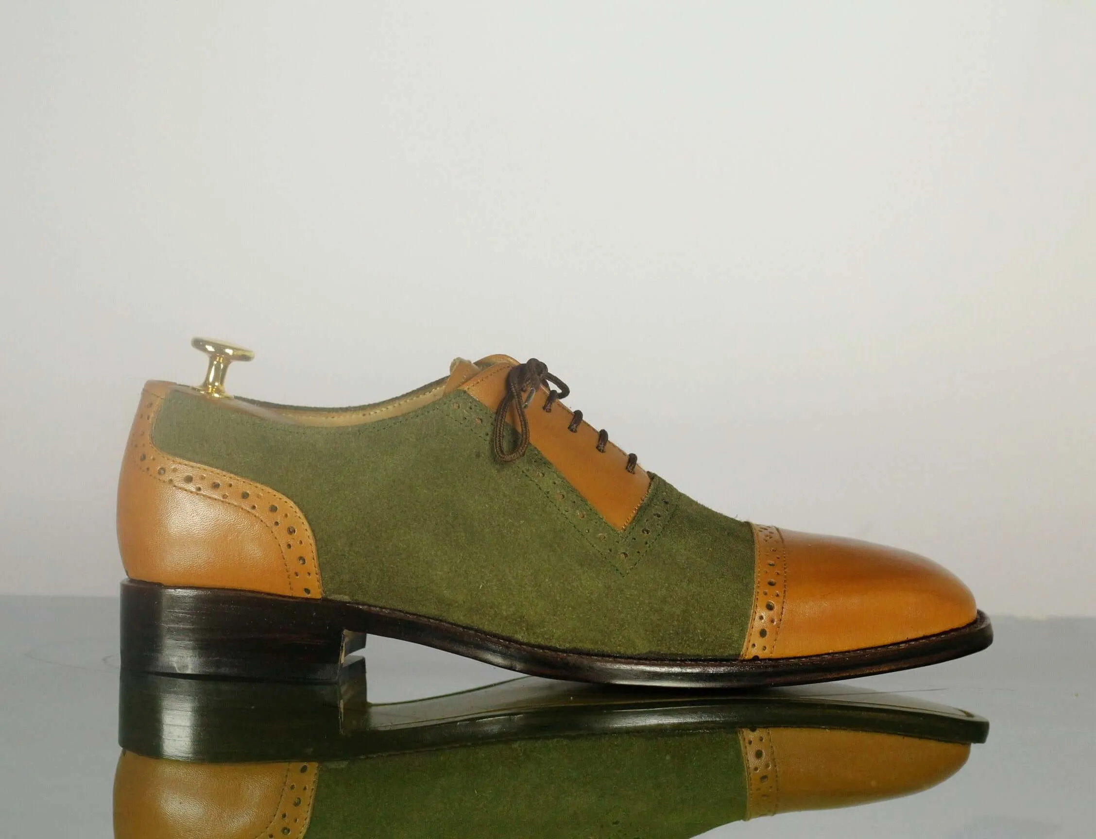 Brown Green Leather Suede Cap Toe Lace Up Shoes,Handmade Party Shoes