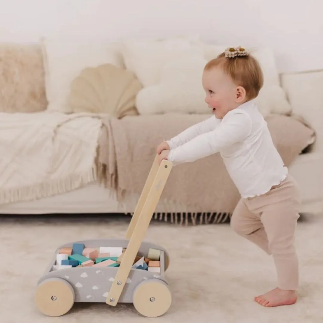 Bubble Wooden Baby Push Cart & Walker with 45 Building Blocks (12m )