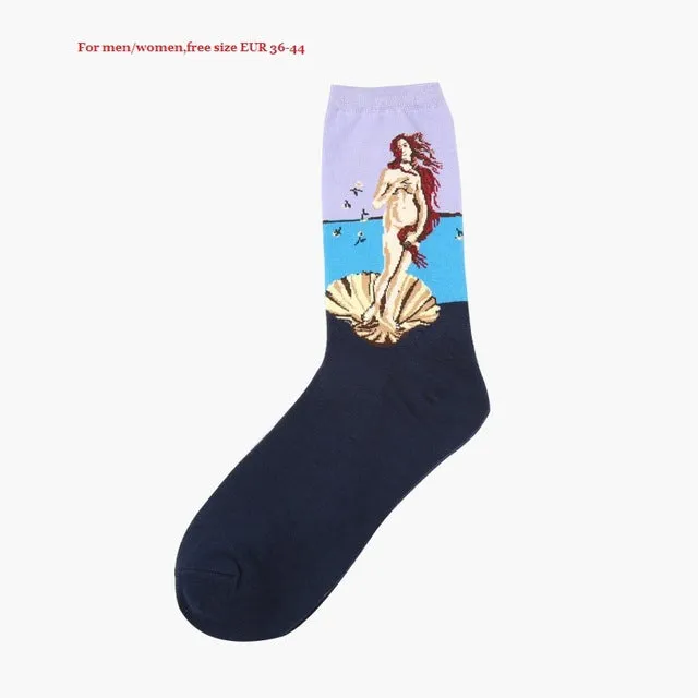 Dropshipping New Fashion Cotton Art Oil Painting Harajuku Washington Davi Male Female Cupid Retro Style women socks Men Socks