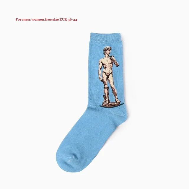 Dropshipping New Fashion Cotton Art Oil Painting Harajuku Washington Davi Male Female Cupid Retro Style women socks Men Socks