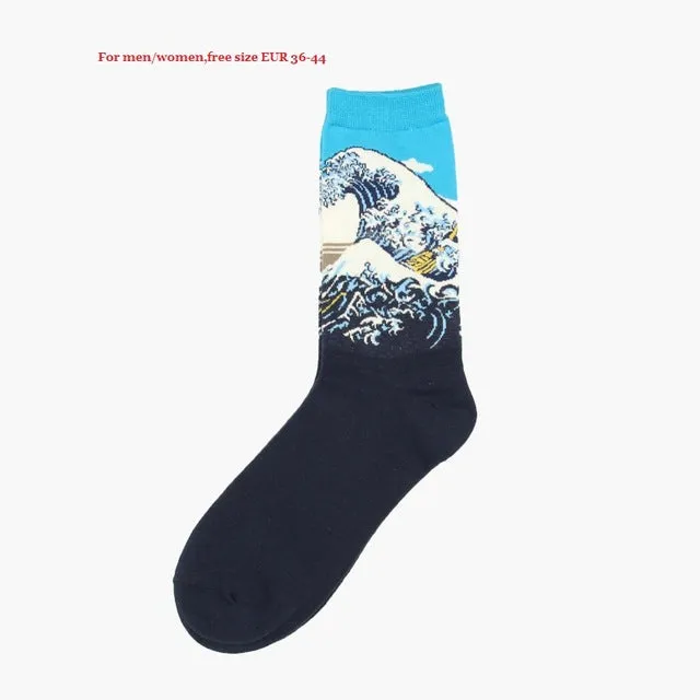 Dropshipping New Fashion Cotton Art Oil Painting Harajuku Washington Davi Male Female Cupid Retro Style women socks Men Socks