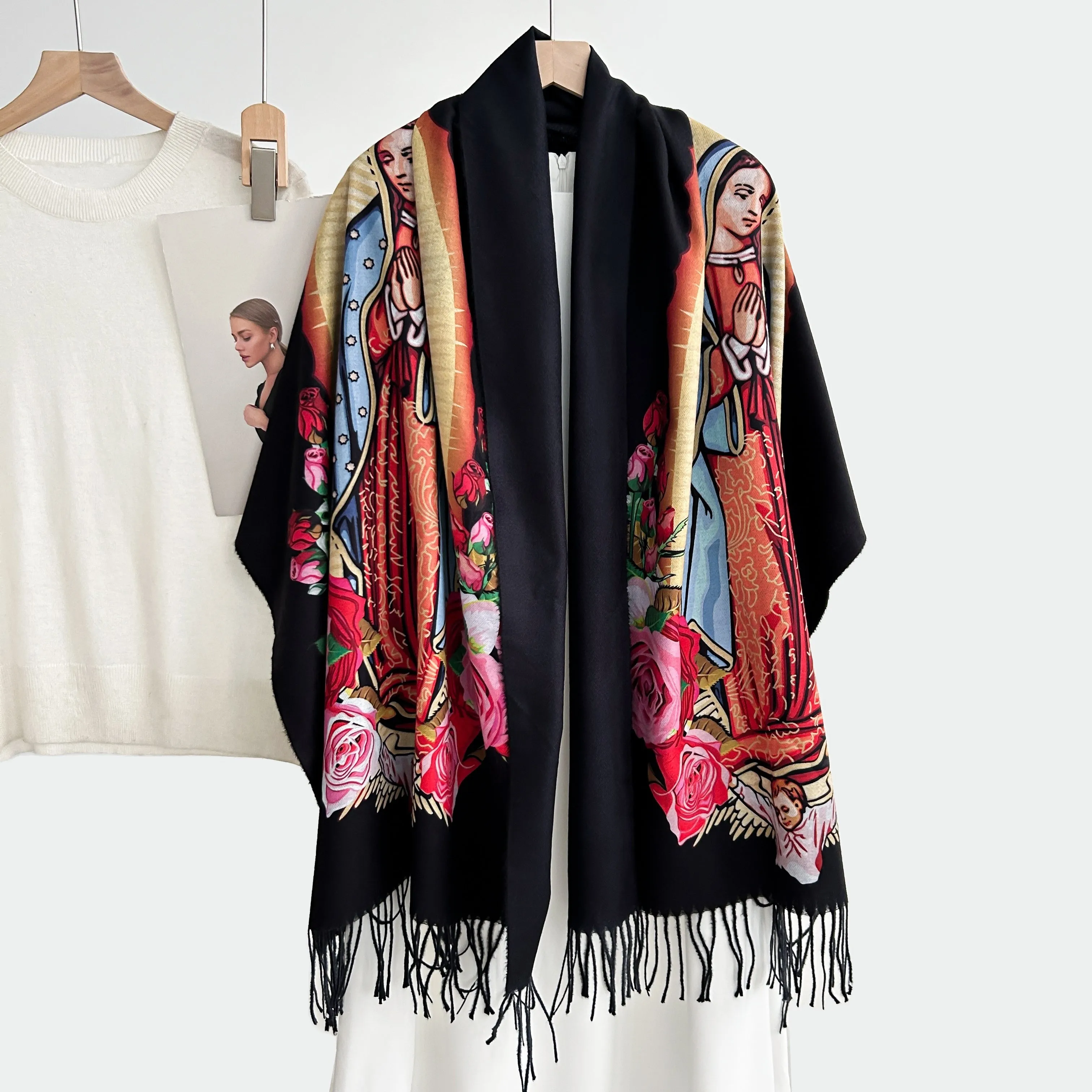 Elegant Printed Polyester Scarf with Tassel Fringe - 100% Polyester, Shawl Wrap for Women, Mature Style, Windproof, Warm, Decorative for Parties - Portrait Pattern, No Stretch Fabric, Non-Feathered