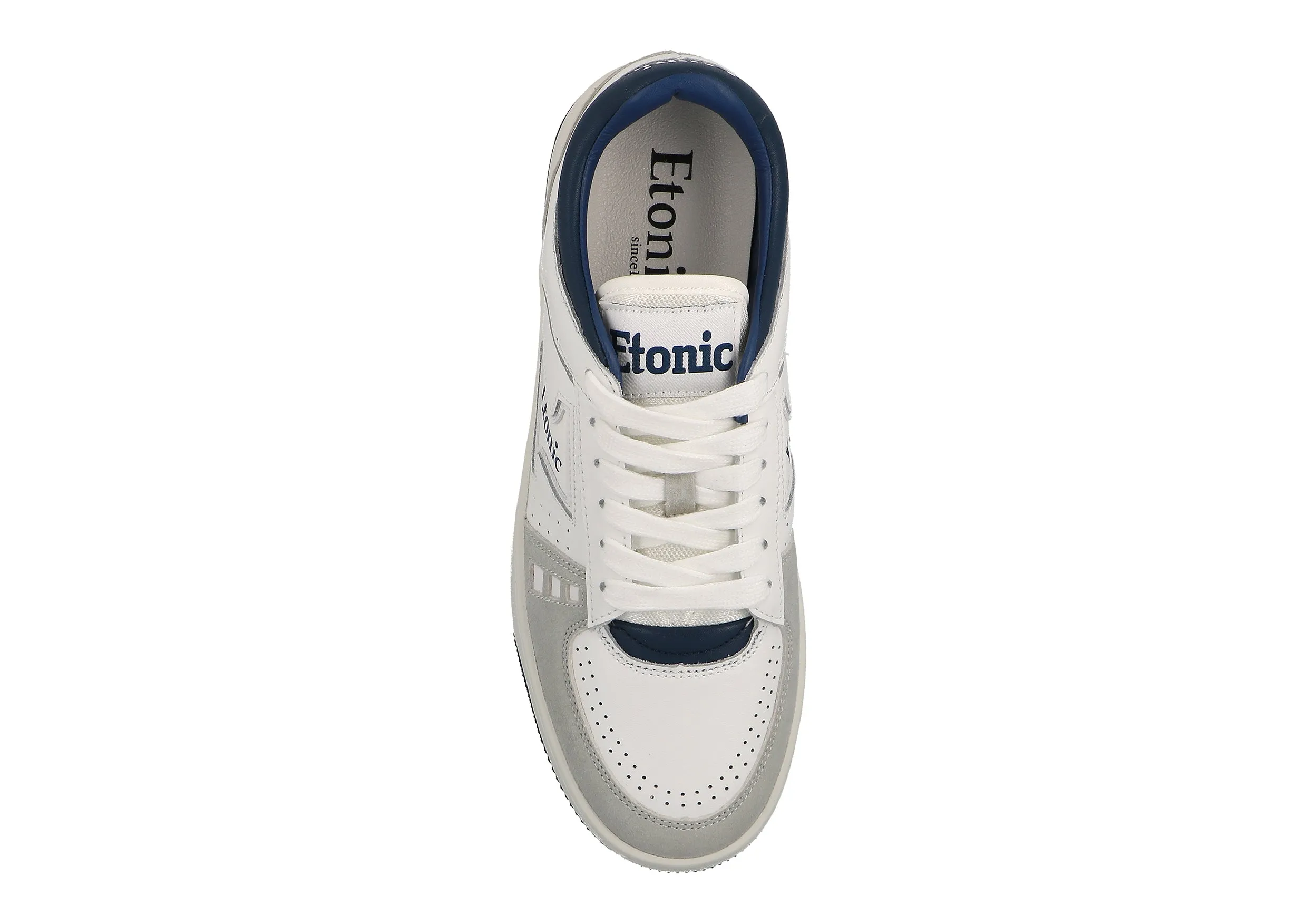 Etonic B509 sneakers in white leather, light grey suede, navy blue details and off white outsole.