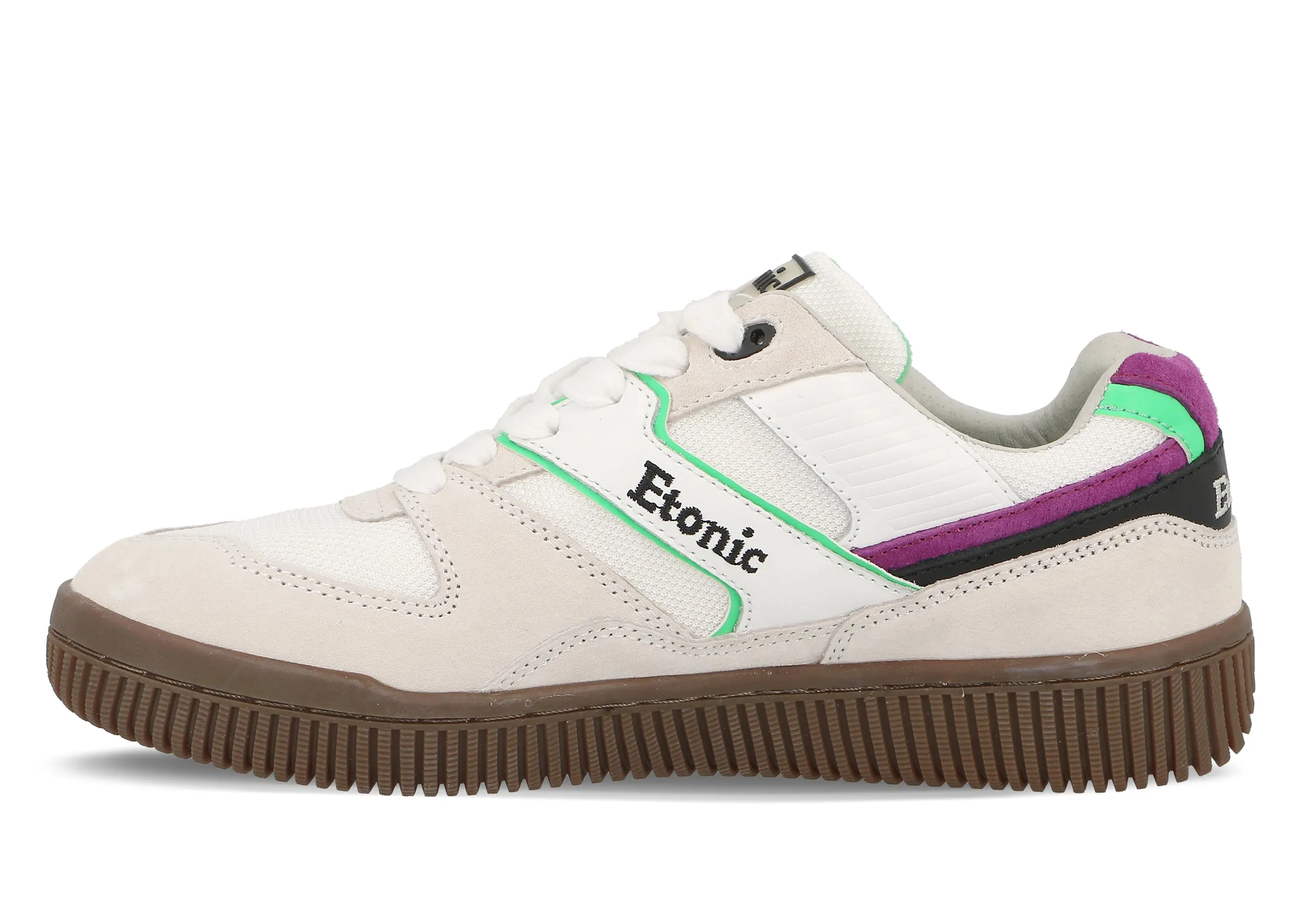 Etonic DROPSHOT sneakers in white suede leather, white mesh, lime green and purple details with light honey outsole.