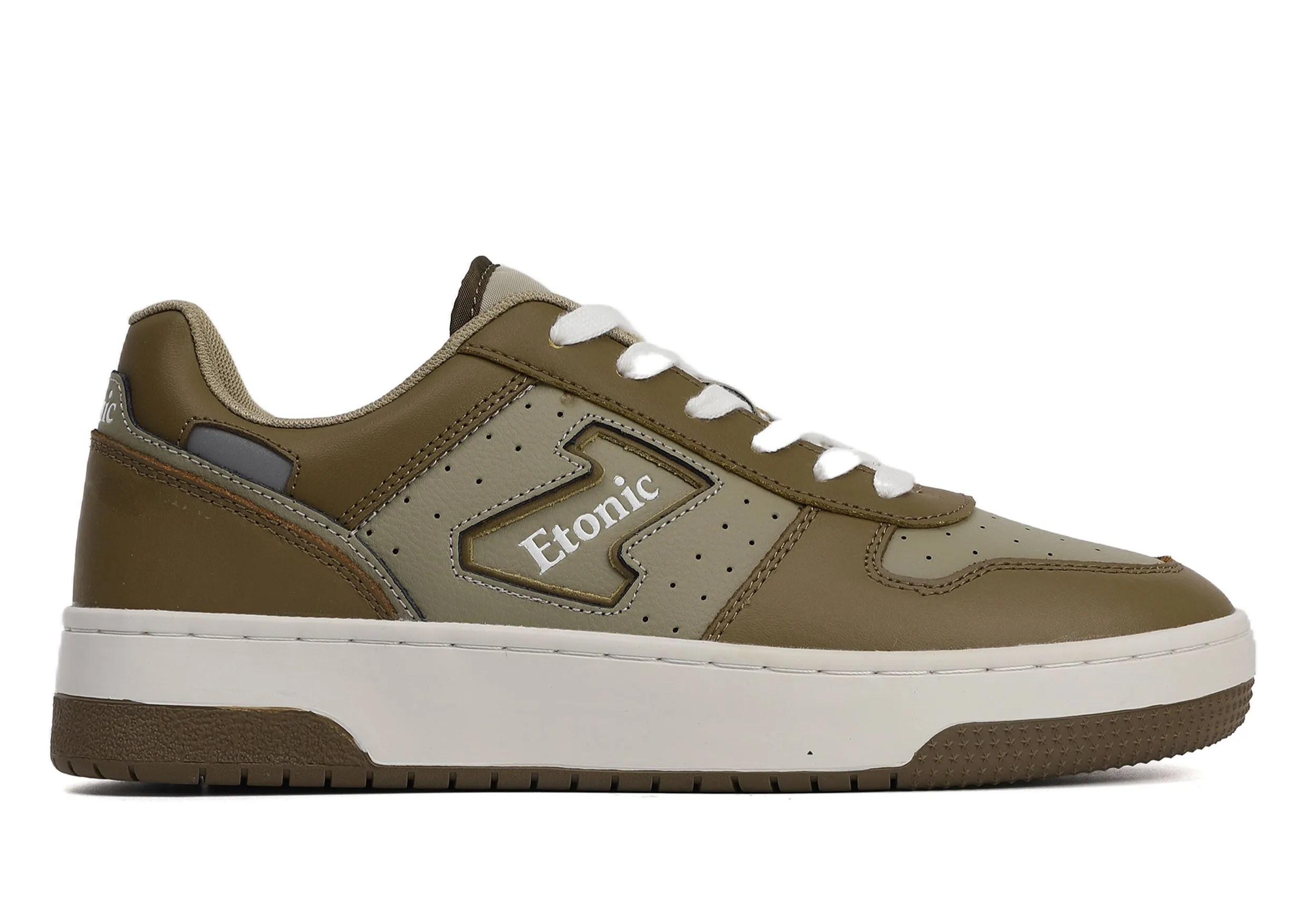 Etonic THE DOC sneakers in olive green and sage green leather, with off white midsole and olive green bottom outsole.