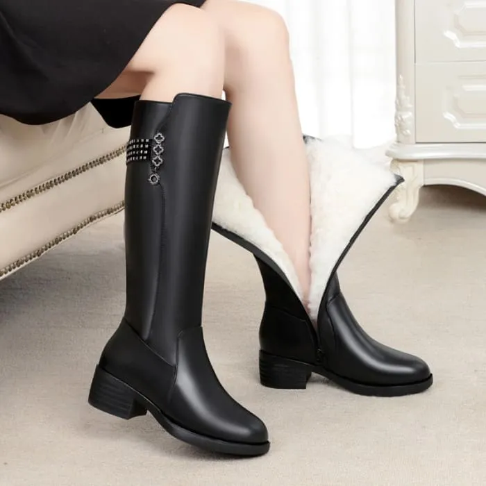 Genuine Leather Thick Wool Female Long Boots