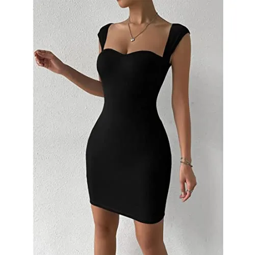 GLARE & BLAIR Solid Sweetheart Neck Short Sleeves Bodycon Ribbed Mini Dress for Women (Small, Black)