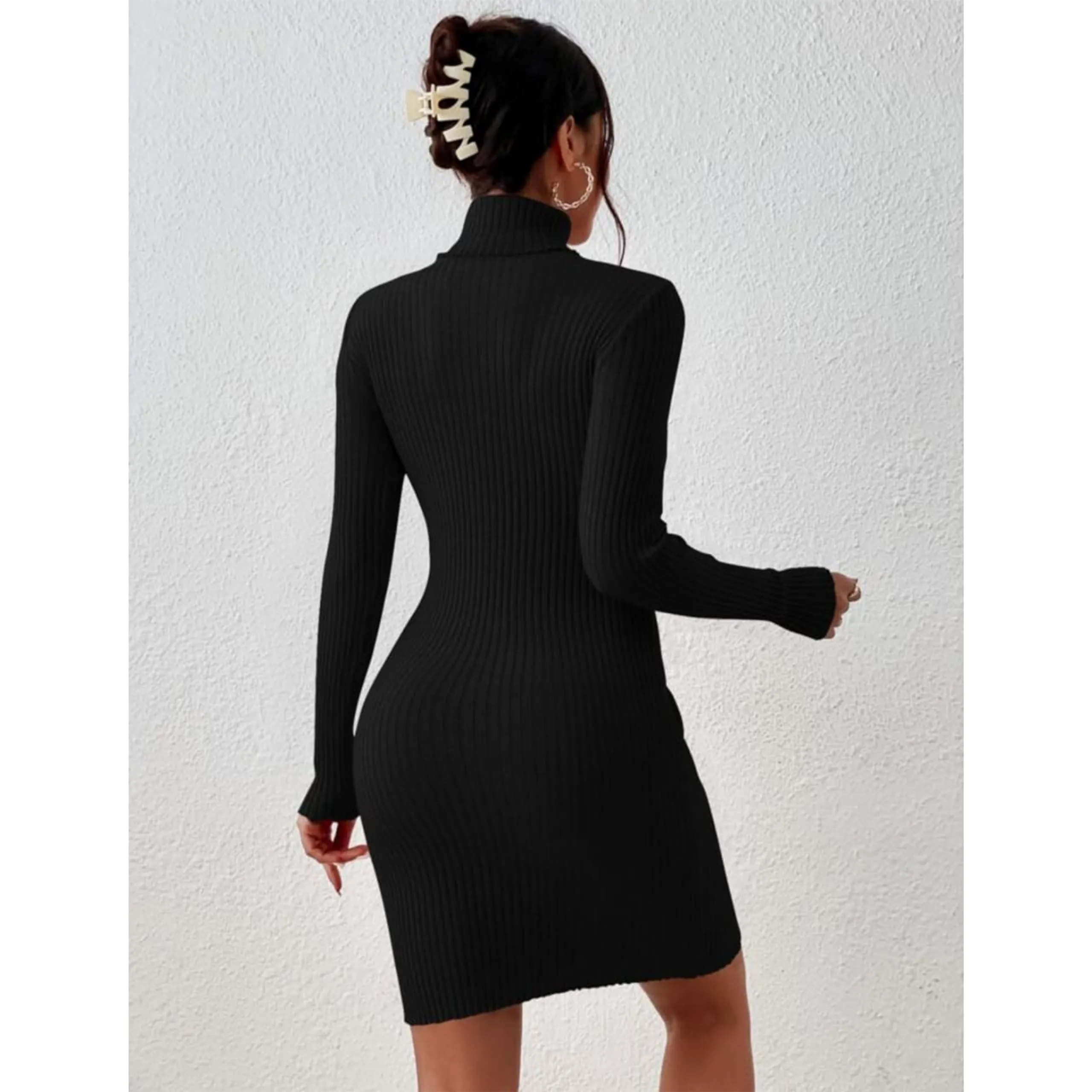 GLARE & BLAIR Solid Women Casual Turtle Neck Ribbed Knit Long Sleeve Bodycon Dress (Small, Black)