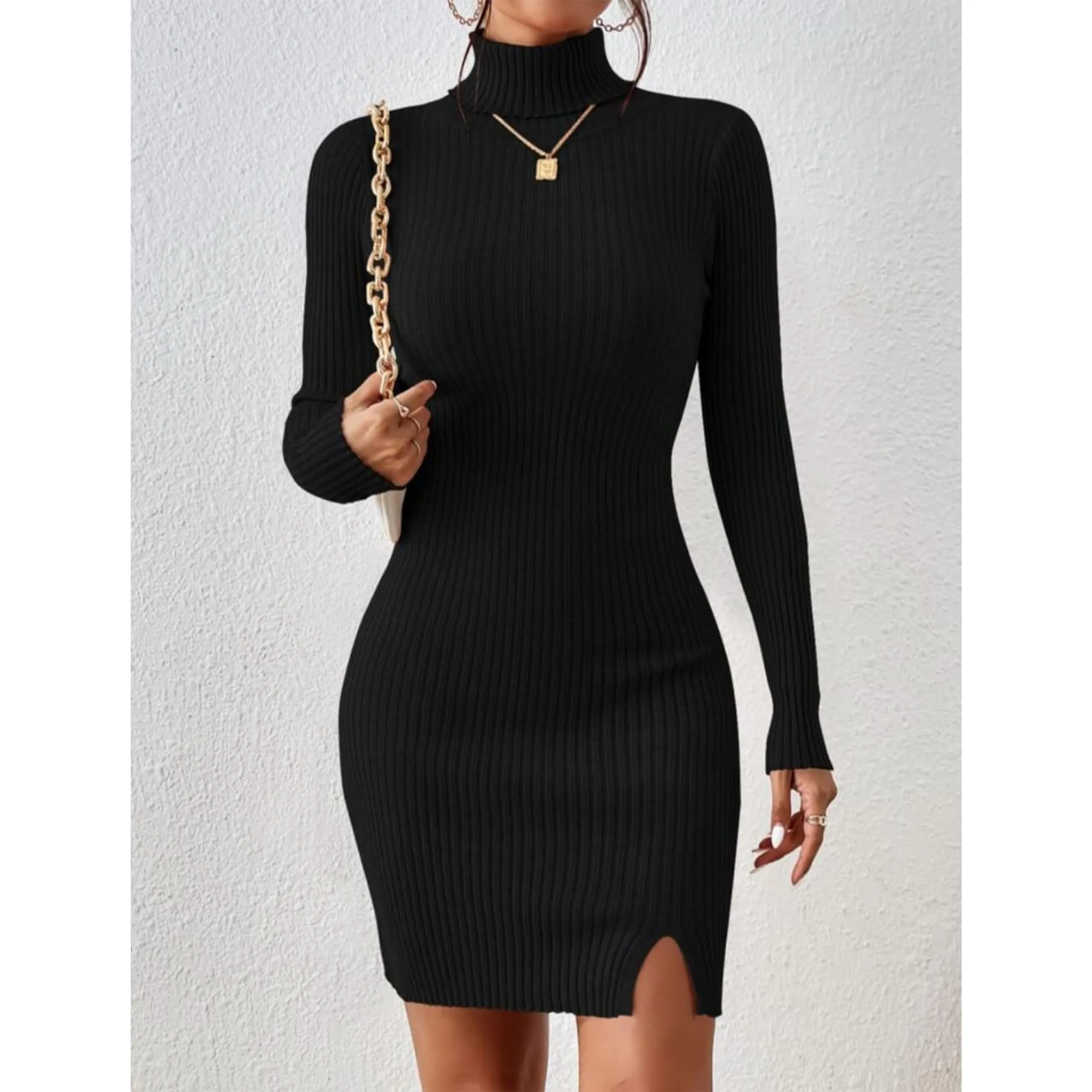 GLARE & BLAIR Solid Women Casual Turtle Neck Ribbed Knit Long Sleeve Bodycon Dress (Small, Black)