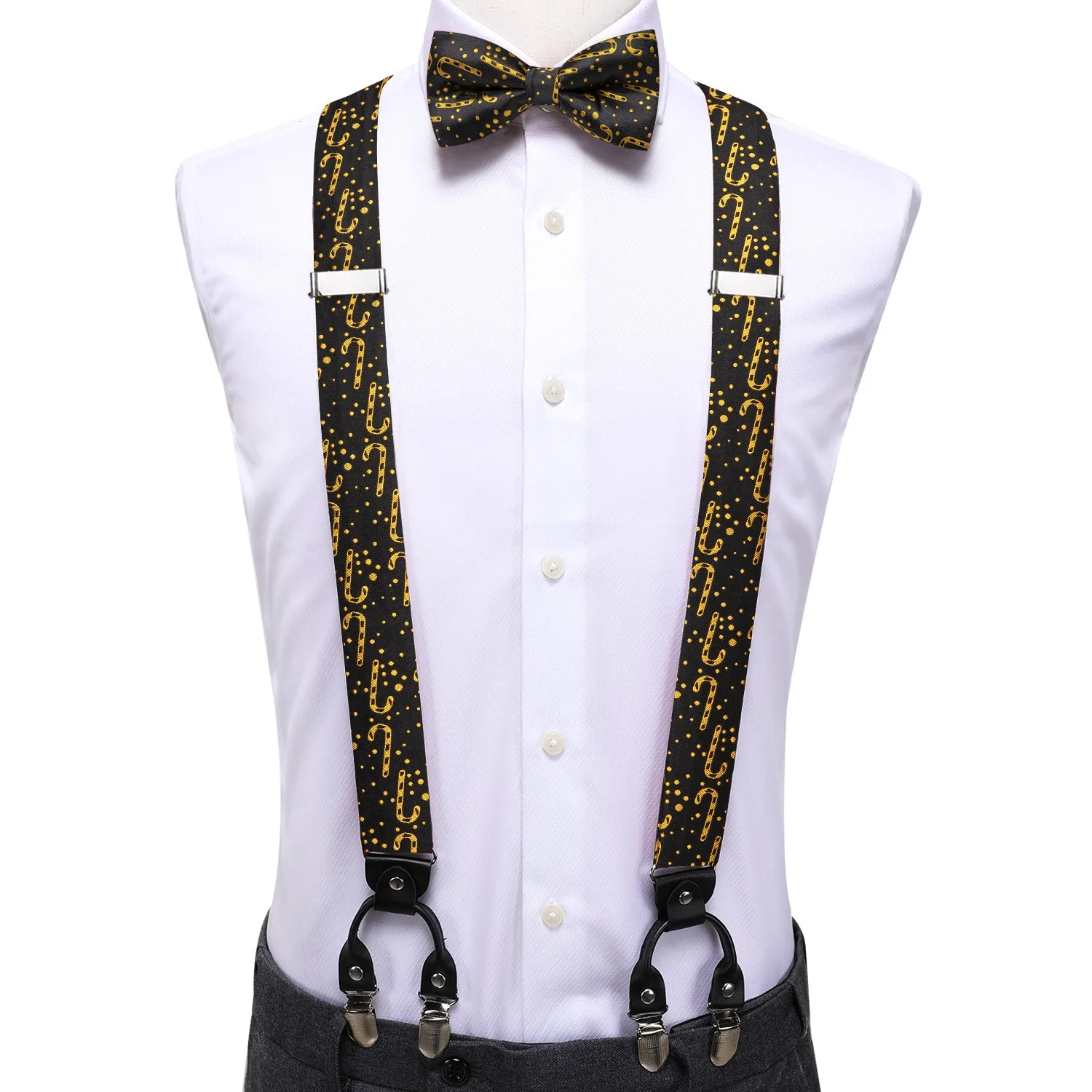 Hi-Tie Black Chritsmas Candy Cane Suspender Bowtie Hanky Cufflinks Set