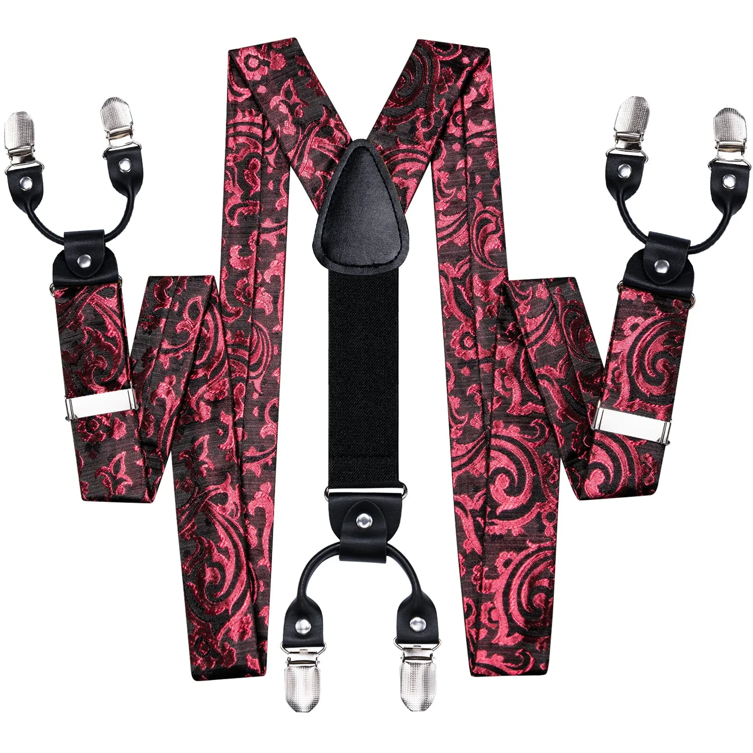 Hi-Tie Black Red Paisley Suspender Bowtie Pocket Square Cufflinks Set