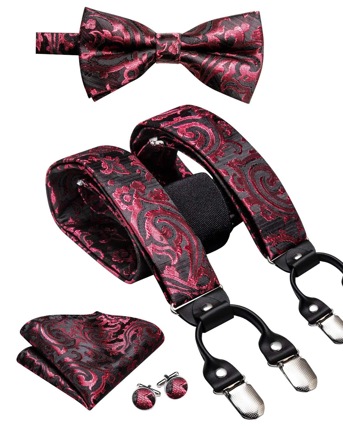 Hi-Tie Black Red Paisley Suspender Bowtie Pocket Square Cufflinks Set