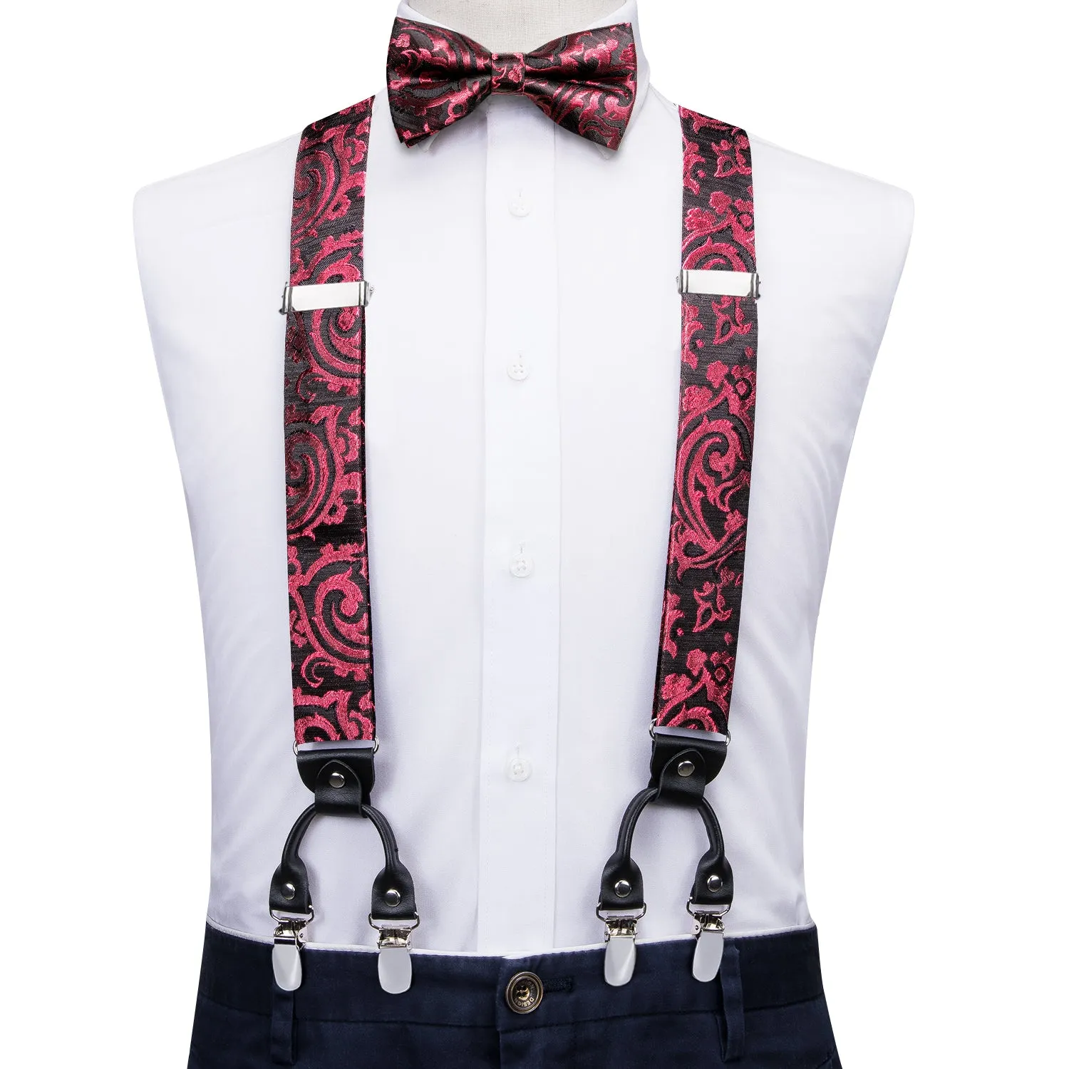 Hi-Tie Black Red Paisley Suspender Bowtie Pocket Square Cufflinks Set