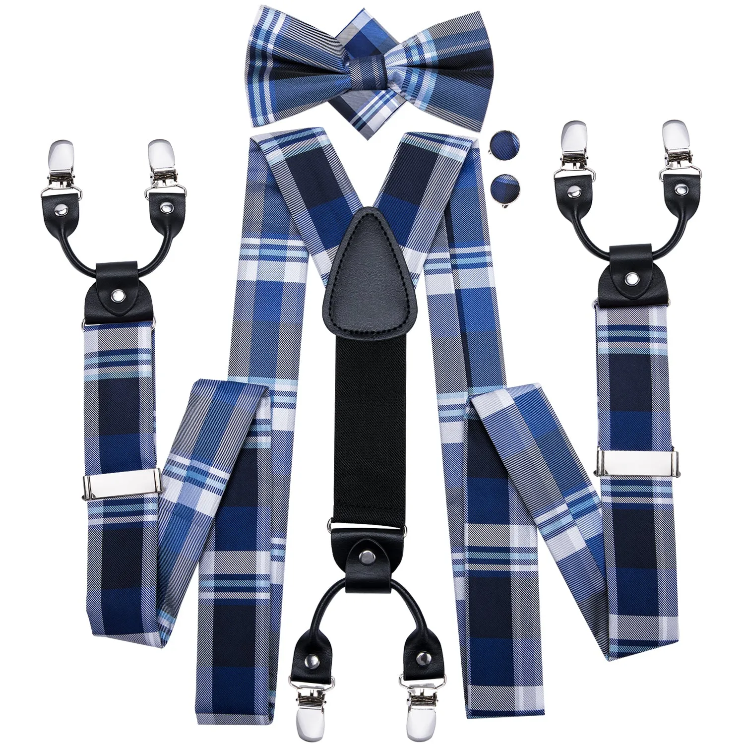 Hi-Tie Blue Silver Plaid Suspender Bow Tie Handkerchief Cufflinks Set