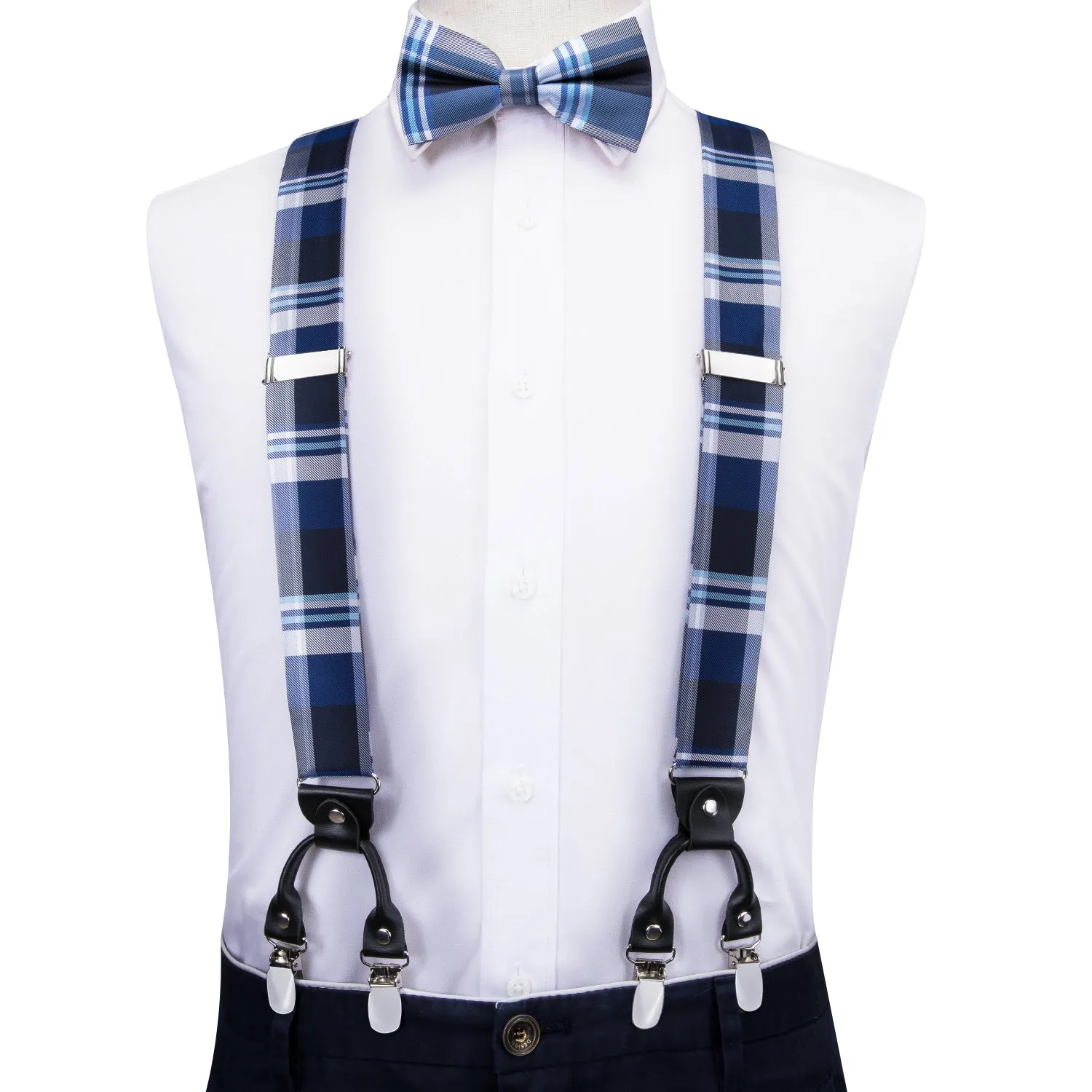 Hi-Tie Blue Silver Plaid Suspender Bow Tie Handkerchief Cufflinks Set