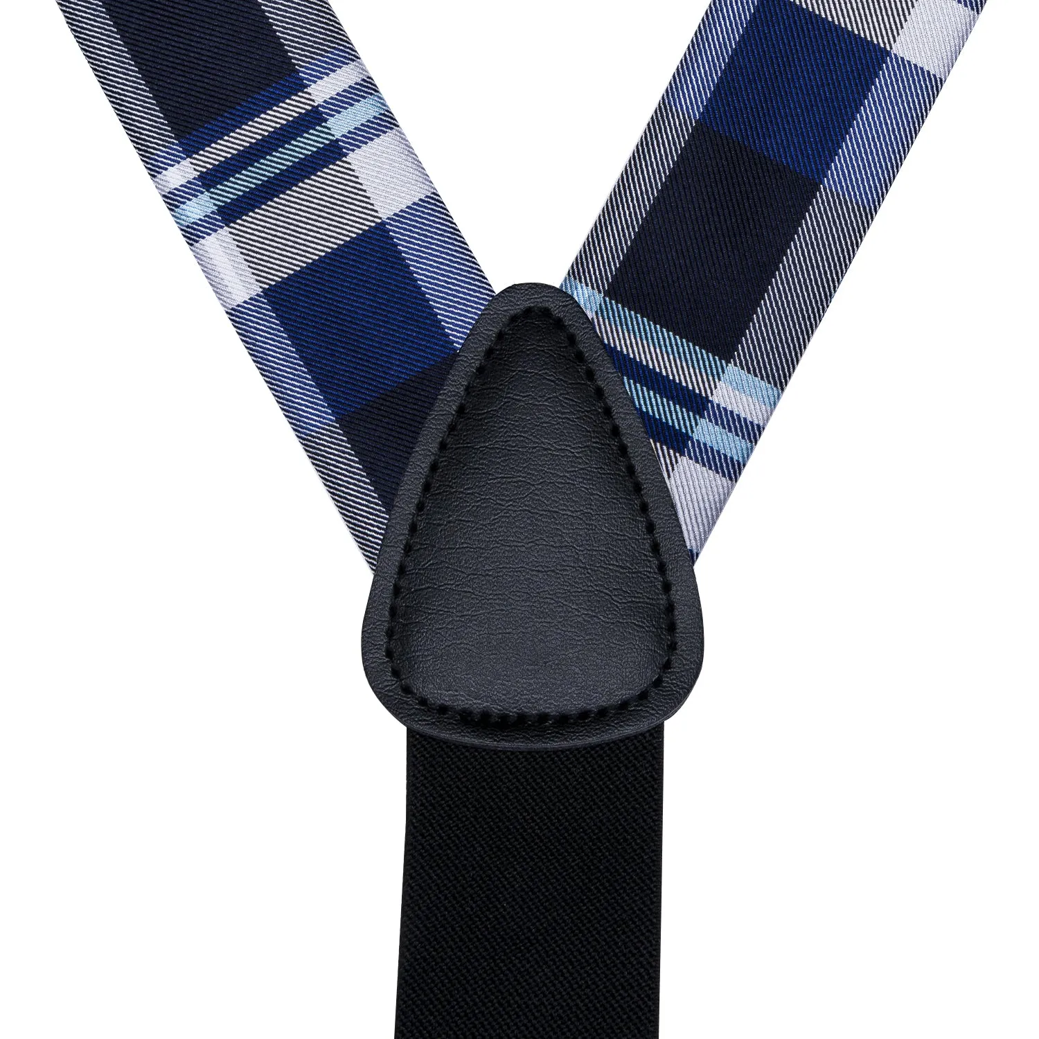 Hi-Tie Blue Silver Plaid Suspender Bow Tie Handkerchief Cufflinks Set