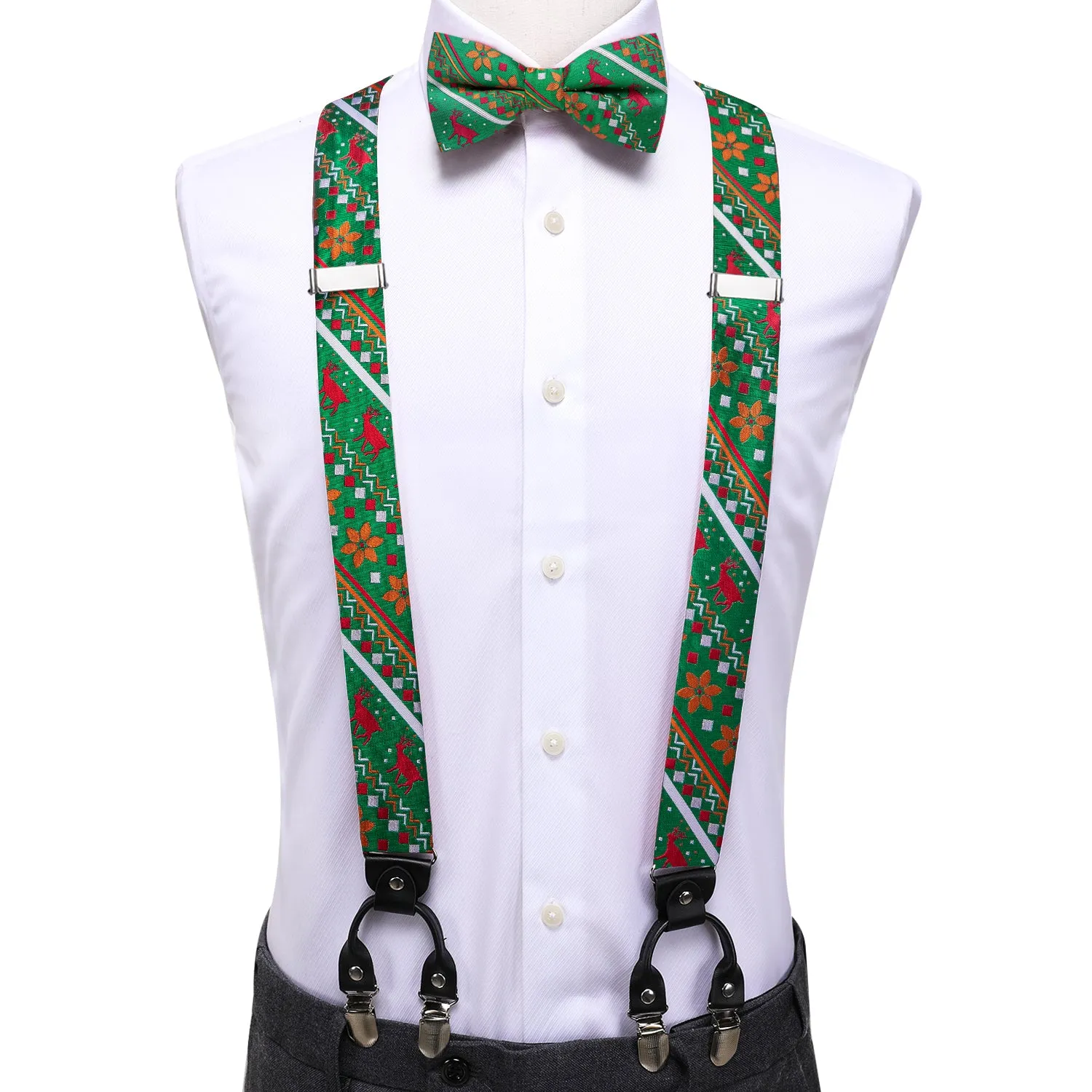 Hi-Tie Christmas Green Novelty Suspender Bow Tie Hanky Cufflinks Set