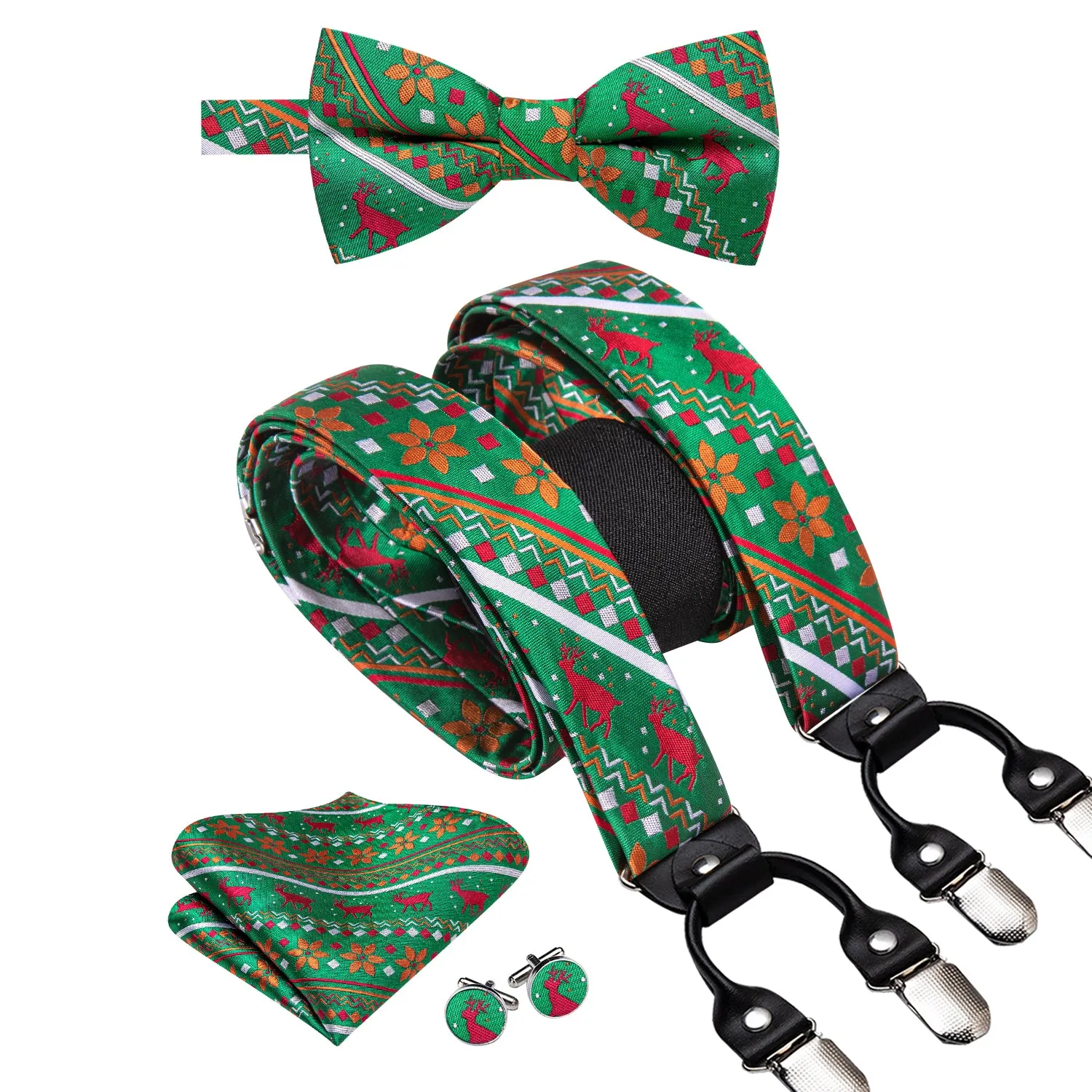 Hi-Tie Christmas Green Novelty Suspender Bow Tie Hanky Cufflinks Set