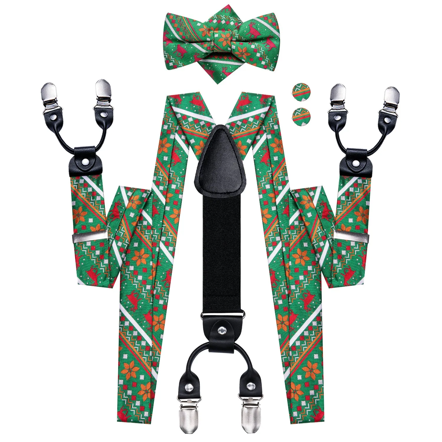 Hi-Tie Christmas Green Novelty Suspender Bow Tie Hanky Cufflinks Set