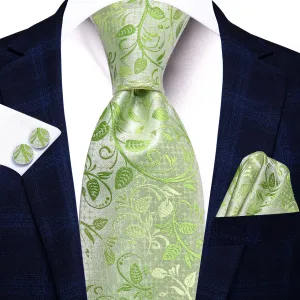 Hi-Tie Spring Green Floral Extra Long Tie Handkerchief Cufflinks Set