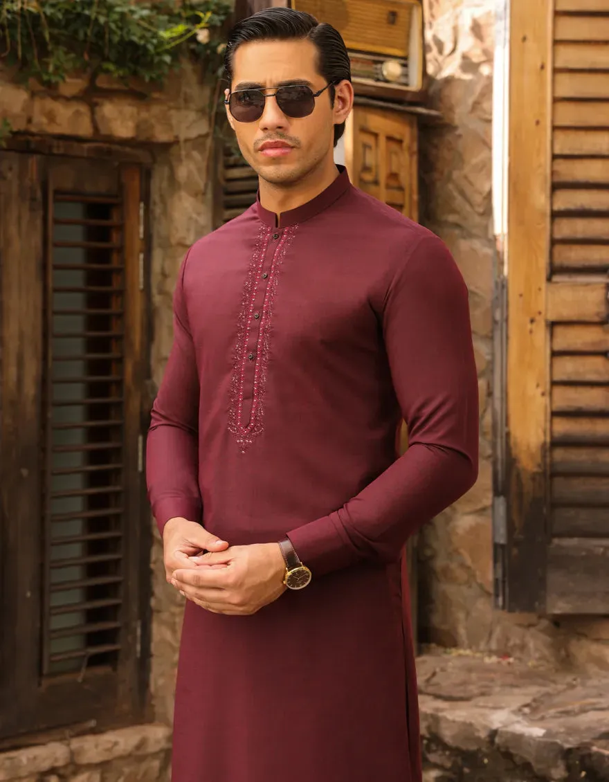 J. Mens Maroon Blended Shalwar Kameez