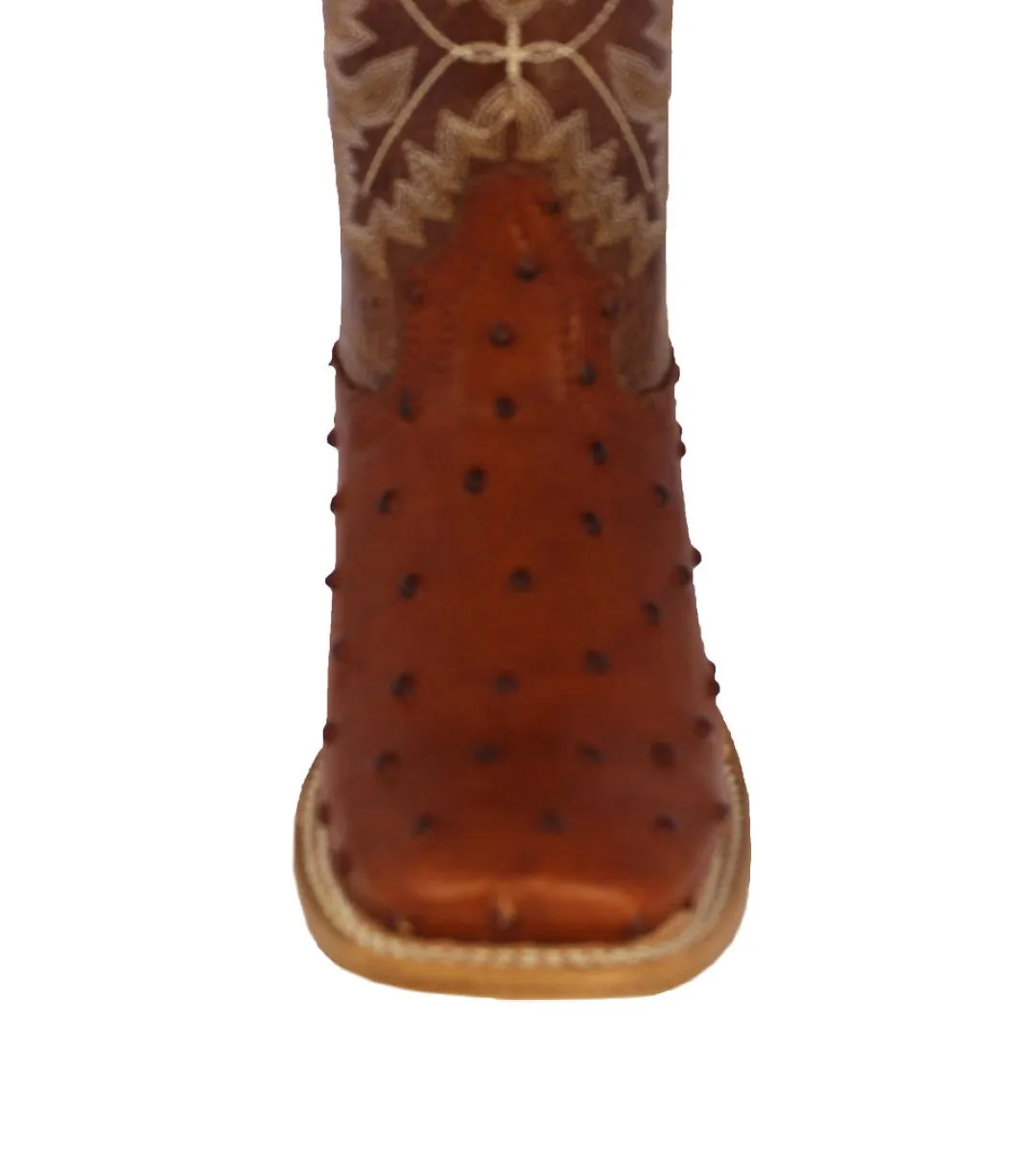 Kids Toddler Cognac Ostrich Quill Print Cowboy Boots - Square Toe